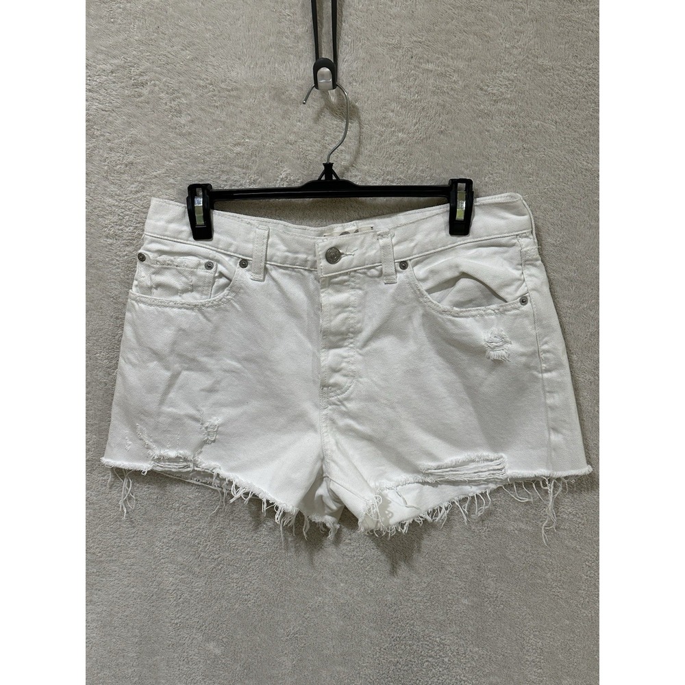 We The Free People Size 31 Sofia White Distressed Denim Button Fly Jean Shorts